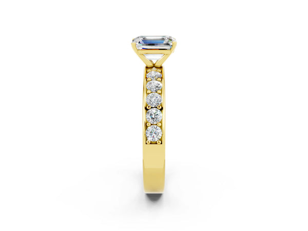 Yellow gold Emerald Cut Moissanite Engagement Ring with Channel Set Round  Band and Prong Setting