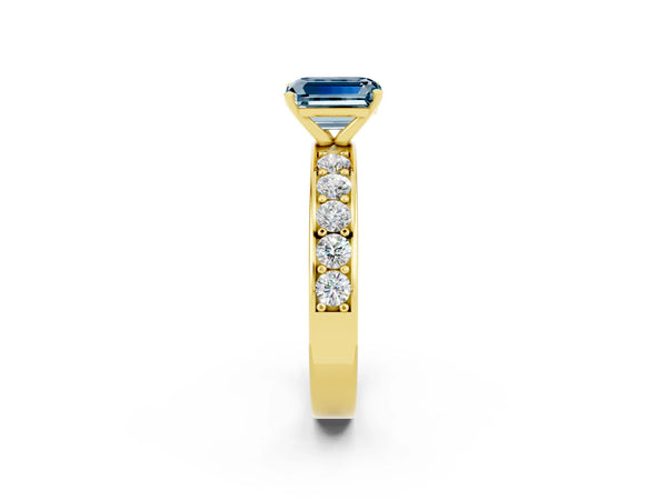 Yellow gold Emerald Cut Aquamarine Engagement Ring with Channel Set Round  Band and Prong Setting