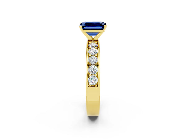 Yellow gold Emerald Cut Blue Sapphire Engagement Ring with Channel Set Round  Band and Prong Setting