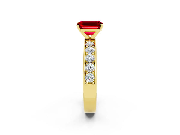 Yellow gold Emerald Cut Ruby Engagement Ring with Channel Set Round  Band and Prong Setting