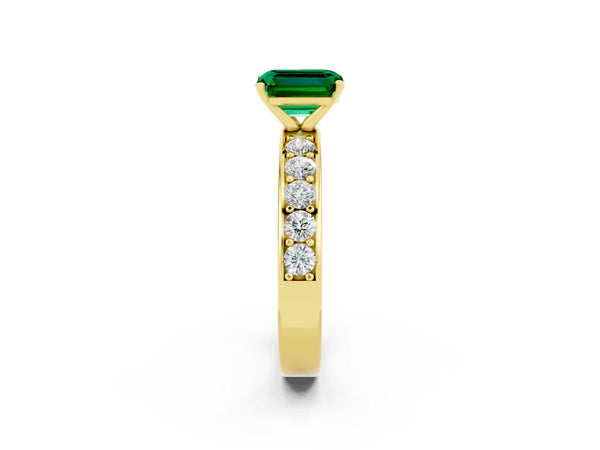 Yellow gold Emerald Cut Emerald Engagement Ring with Channel Set Round  Band and Prong Setting