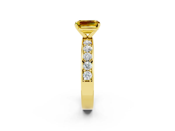Yellow gold Emerald Cut Yellow Sapphire Engagement Ring with Channel Set Round  Band and Prong Setting