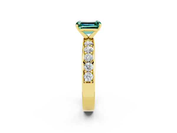 Yellow gold Emerald Cut Green Sapphire Engagement Ring with Channel Set Round  Band and Prong Setting