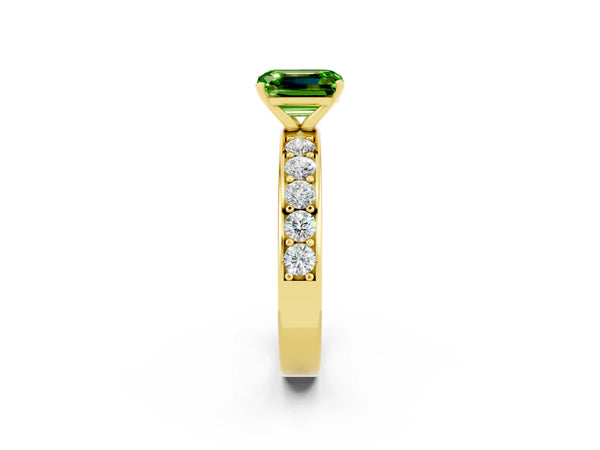 Yellow gold Emerald Cut Peridot Engagement Ring with Channel Set Round  Band and Prong Setting
