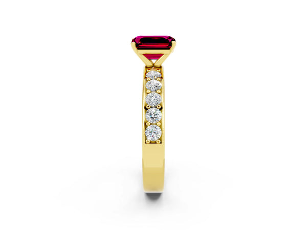 Yellow gold Emerald Cut Garnet Engagement Ring with Channel Set Round  Band and Prong Setting