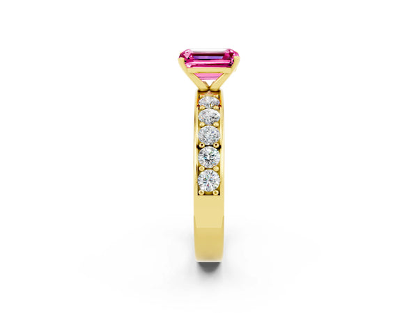 Yellow gold Emerald Cut Pink Sapphire Engagement Ring with Channel Set Round  Band and Prong Setting