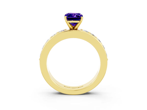 Yellow gold Emerald Cut Tanzanite Engagement Ring with Channel Set Round  Band and Prong Setting