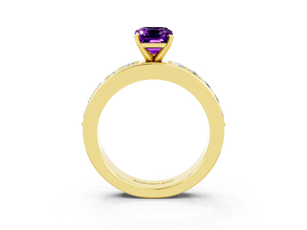 Yellow gold Emerald Cut Amethyst Engagement Ring with Channel Set Round  Band and Prong Setting