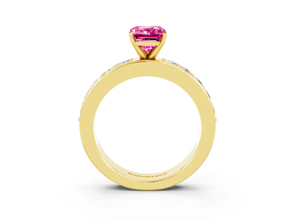 Yellow gold Emerald Cut Pink Sapphire Engagement Ring with Channel Set Round  Band and Prong Setting