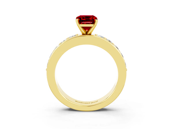 Yellow gold Emerald Cut Ruby Engagement Ring with Channel Set Round  Band and Prong Setting