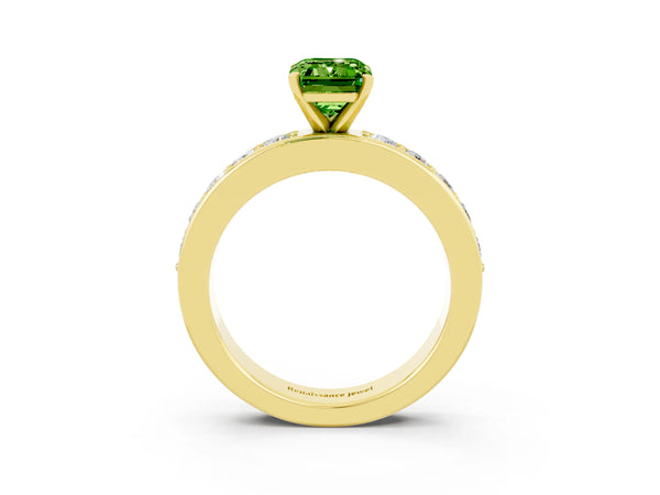Yellow gold Emerald Cut Peridot Engagement Ring with Channel Set Round  Band and Prong Setting