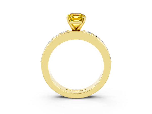 Yellow gold Emerald Cut Yellow Sapphire Engagement Ring with Channel Set Round  Band and Prong Setting