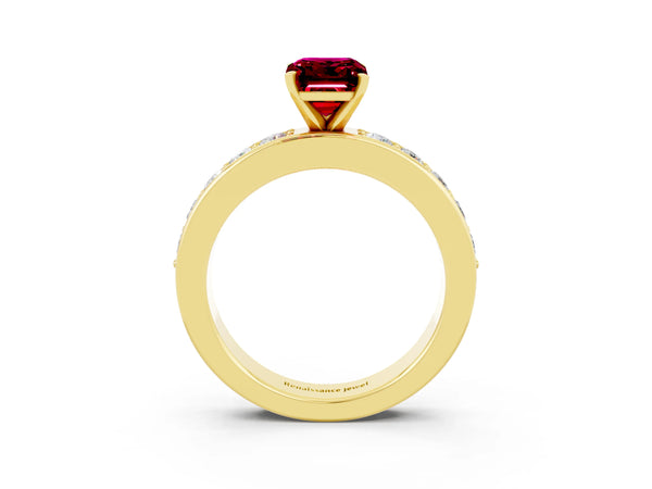 Yellow gold Emerald Cut Garnet Engagement Ring with Channel Set Round  Band and Prong Setting