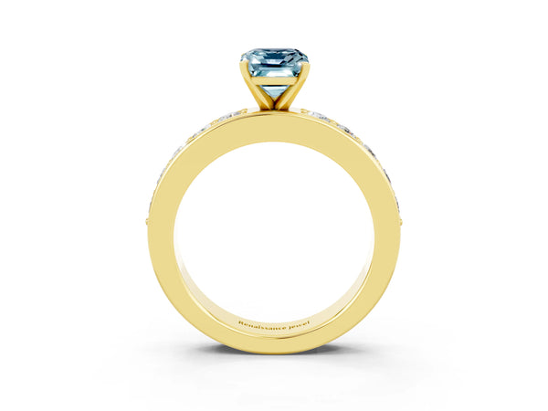 Yellow gold Emerald Cut Aquamarine Engagement Ring with Channel Set Round  Band and Prong Setting