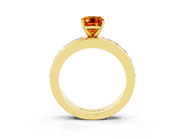 Yellow gold Emerald Cut Citrine Engagement Ring with Channel Set Round  Band and Prong Setting