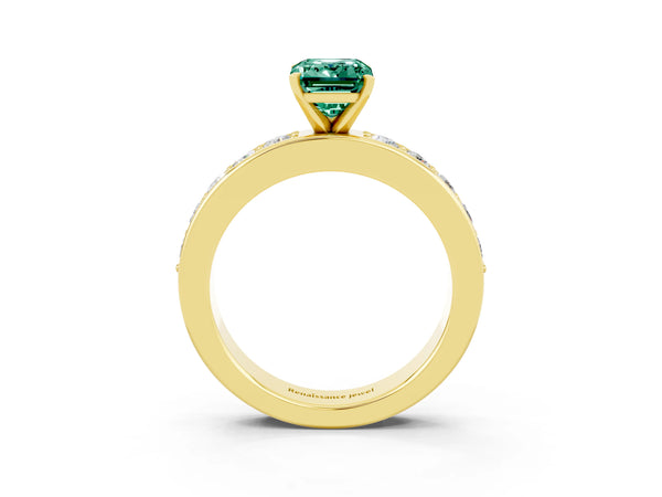 Yellow gold Emerald Cut Green Sapphire Engagement Ring with Channel Set Round  Band and Prong Setting