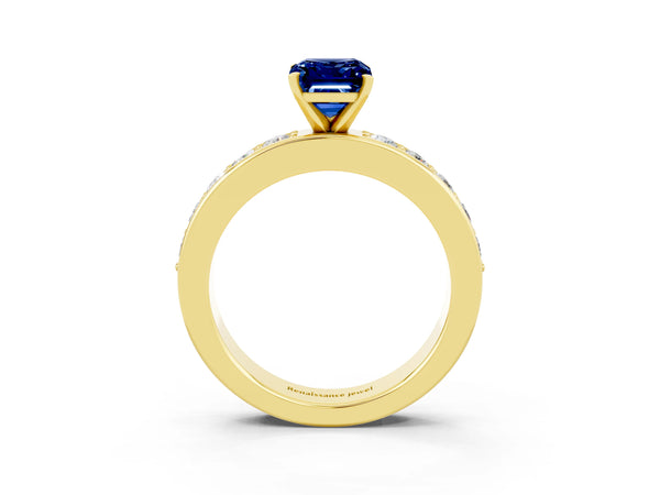 Yellow gold Emerald Cut Blue Sapphire Engagement Ring with Channel Set Round  Band and Prong Setting