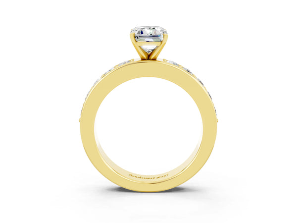 Yellow gold Emerald Cut Moissanite Engagement Ring with Channel Set Round  Band and Prong Setting