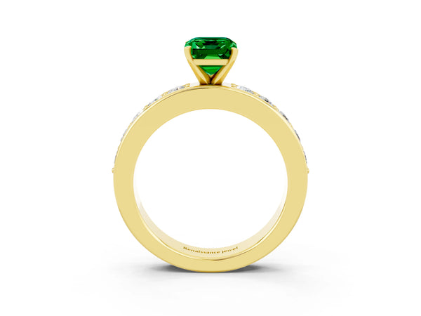 Yellow gold Emerald Cut Emerald Engagement Ring with Channel Set Round  Band and Prong Setting