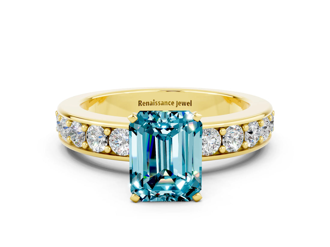 Yellow gold Emerald Cut Cut Channel Set Diamond Engagement Ring with Four-Prong Setting