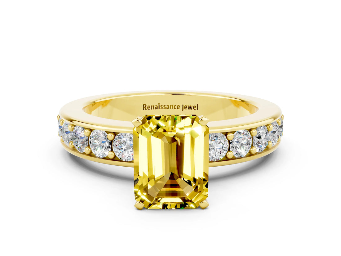 Yellow gold Emerald Cut Cut Channel Set Diamond Engagement Ring with Four-Prong Setting