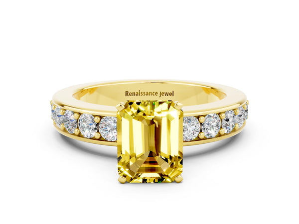 Yellow gold Emerald Cut Yellow Sapphire Engagement Ring with Channel Set Round  Band and Prong Setting
