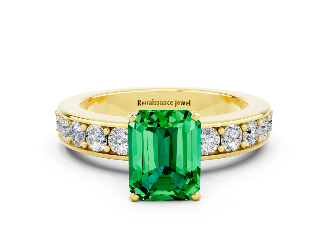 Yellow gold Emerald Cut Cut Channel Set Diamond Engagement Ring with Four-Prong Setting