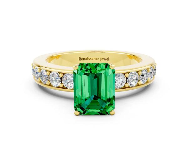 Yellow gold Emerald Cut Emerald Engagement Ring with Channel Set Round  Band and Prong Setting