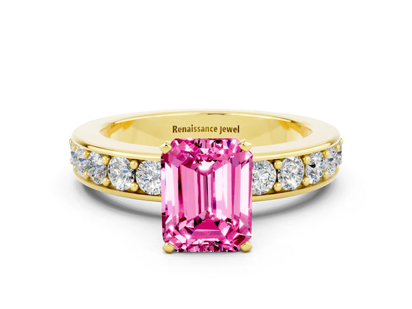 Yellow gold Emerald Cut Pink Sapphire Engagement Ring with Channel Set Round  Band and Prong Setting