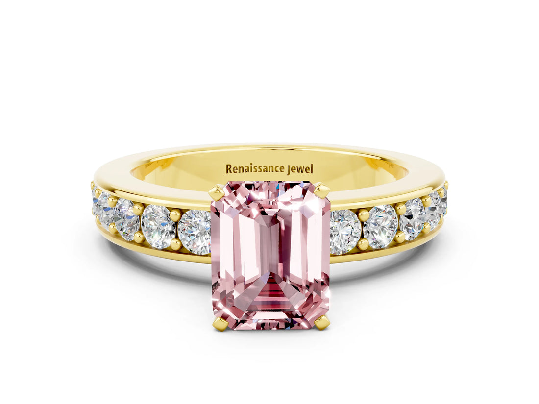 Yellow gold Emerald Cut Cut Channel Set Diamond Engagement Ring with Four-Prong Setting