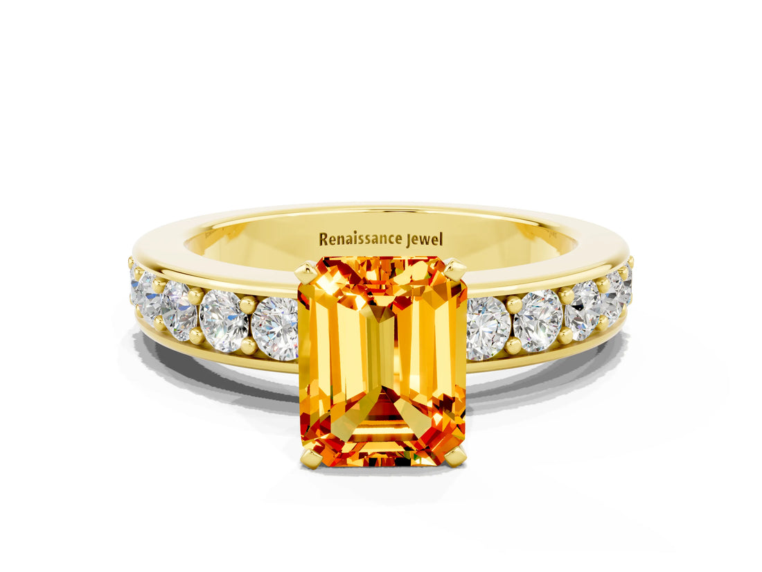 Yellow gold Emerald Cut Cut Channel Set Diamond Engagement Ring with Four-Prong Setting