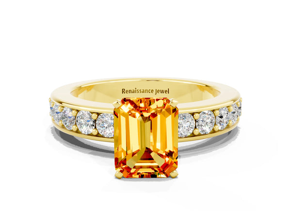 Yellow gold Emerald Cut Citrine Engagement Ring with Channel Set Round  Band and Prong Setting