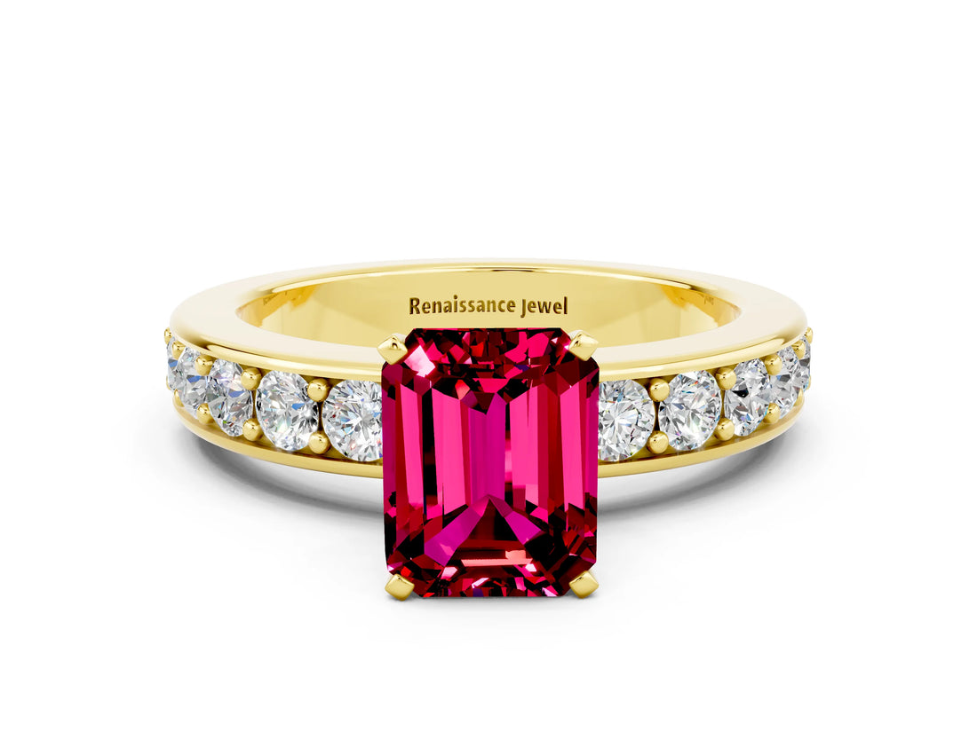 Yellow gold Emerald Cut Cut Channel Set Diamond Engagement Ring with Four-Prong Setting
