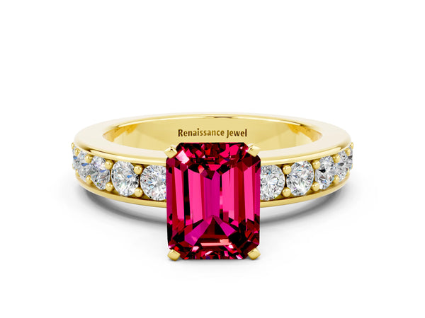 Yellow gold Emerald Cut Garnet Engagement Ring with Channel Set Round  Band and Prong Setting