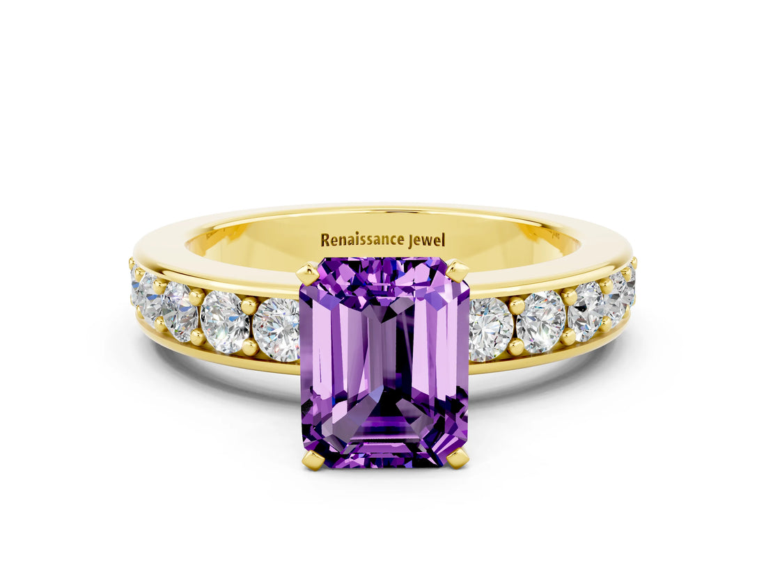 Yellow gold Emerald Cut Cut Channel Set Diamond Engagement Ring with Four-Prong Setting