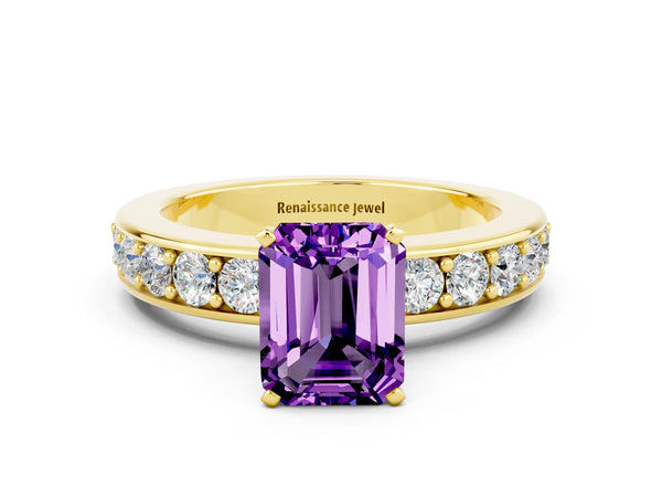 Yellow gold Emerald Cut Amethyst Engagement Ring with Channel Set Round  Band and Prong Setting