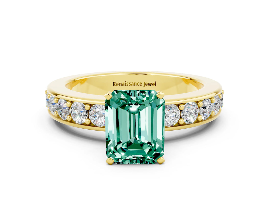 Yellow gold Emerald Cut Cut Channel Set Diamond Engagement Ring with Four-Prong Setting