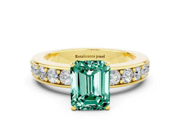 Yellow gold Emerald Cut Green Sapphire Engagement Ring with Channel Set Round  Band and Prong Setting