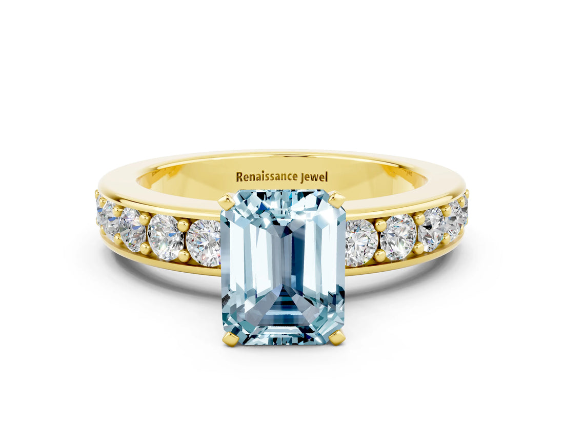 Yellow gold Emerald Cut Cut Channel Set Diamond Engagement Ring with Four-Prong Setting