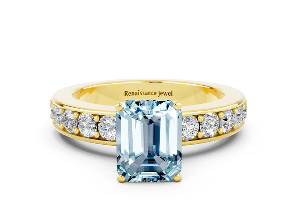Yellow gold Emerald Cut Aquamarine Engagement Ring with Channel Set Round  Band and Prong Setting