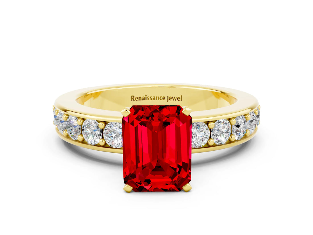 Yellow gold Emerald Cut Cut Channel Set Diamond Engagement Ring with Four-Prong Setting