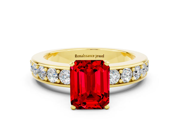 Yellow gold Emerald Cut Ruby Engagement Ring with Channel Set Round  Band and Prong Setting