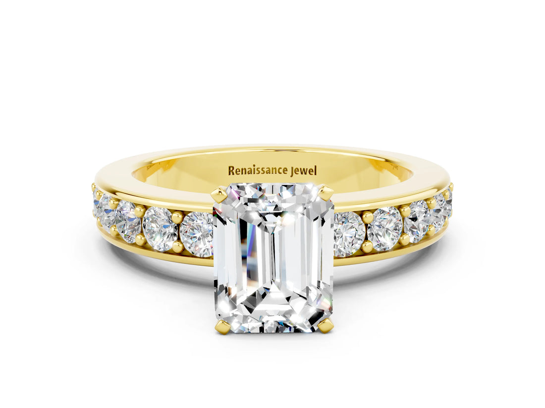 Yellow gold Emerald Cut Cut Channel Set Diamond Engagement Ring with Four-Prong Setting