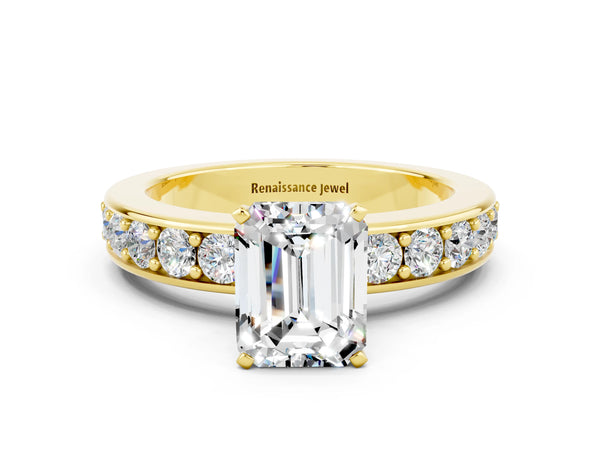Yellow gold Emerald Cut Moissanite Engagement Ring with Channel Set Round  Band and Prong Setting