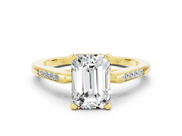 Yellow gold Emerald Cut Moissanite Solitaire Ring with Channel Set Round  Band and Prong Setting