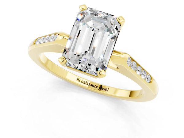 Yellow gold Emerald Cut Moissanite Solitaire Ring with Channel Set Round  Band and Prong Setting