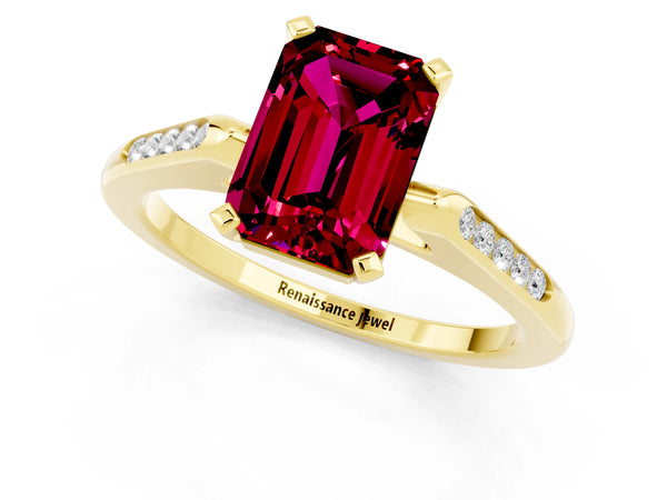 Yellow gold Emerald Cut Garnet Solitaire Ring with Channel Set Round  Band and Prong Setting