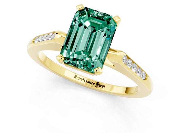 Yellow gold Emerald Cut Green Sapphire Solitaire Ring with Channel Set Round  Band and Prong Setting