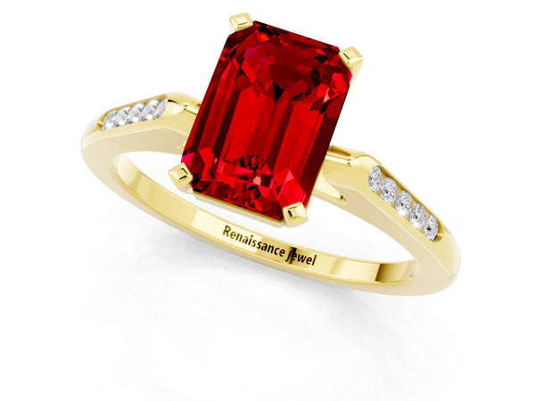 Yellow gold Emerald Cut Ruby Solitaire Ring with Channel Set Round  Band and Prong Setting