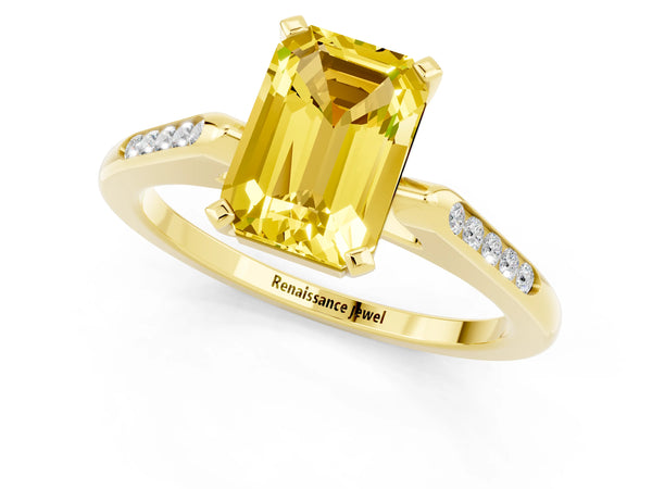 Yellow gold Emerald Cut Yellow Sapphire Solitaire Ring with Channel Set Round  Band and Prong Setting